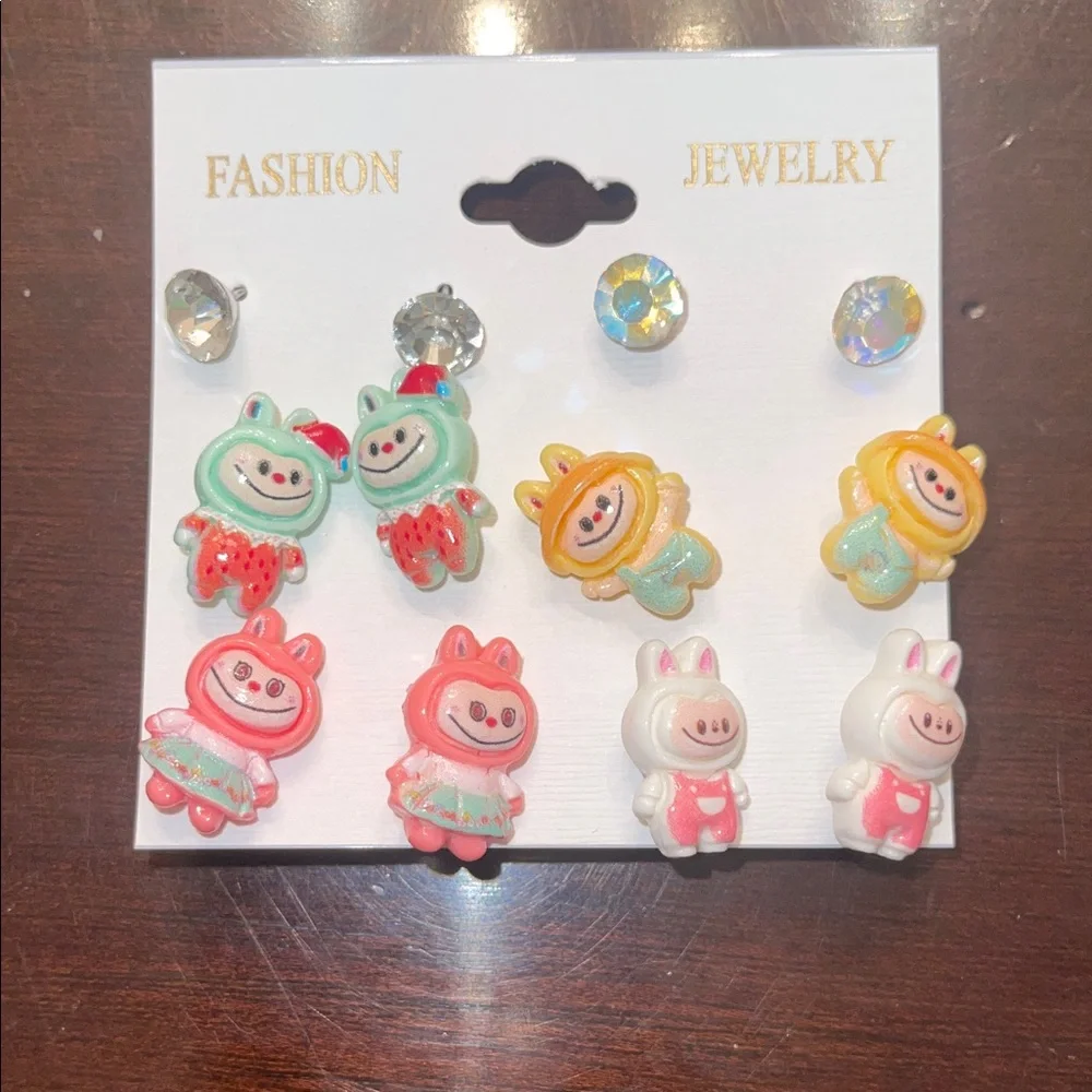 Colorful Cartoon Labubu Monster Character Earrings Set of four pairs with bonus